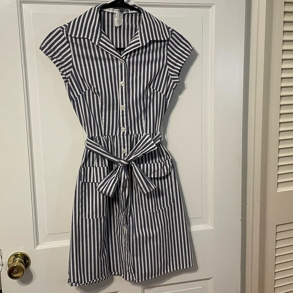 Small button-up blue and white stripe belted Necessary Objects dress - Picture 2 of 6